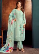 Georgette Sky Blue Traditional Wear Embroidery Work Straight Suit